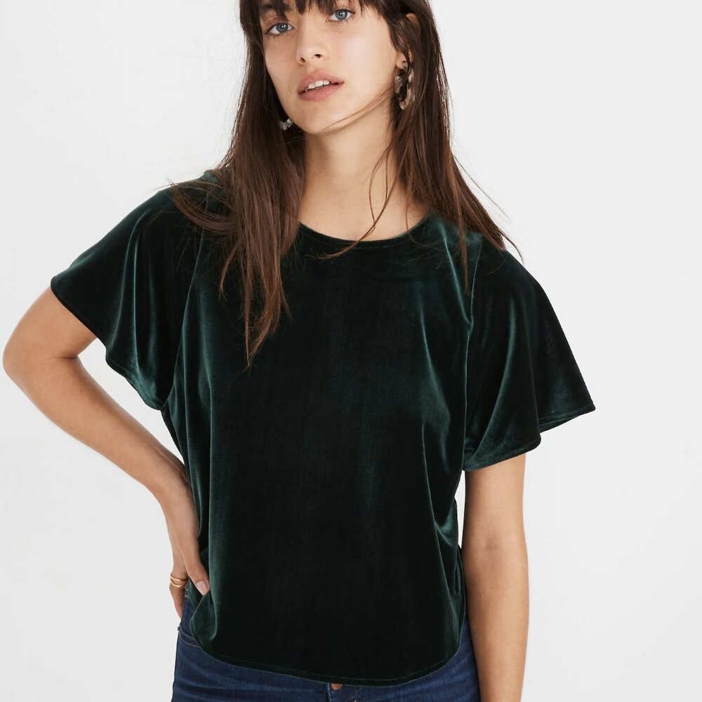 Madewell Dark Green Velvet Short Sleeve Top